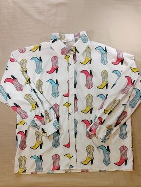 Women's Size Medium White Button-Down Shirt with Multicolor Boot Motif